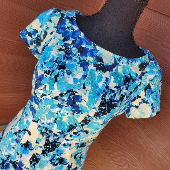 Ann Taylor Women's Size Small Floral Blouse Teal Blue Yellow Back Zip Top - Picture 3 of 9